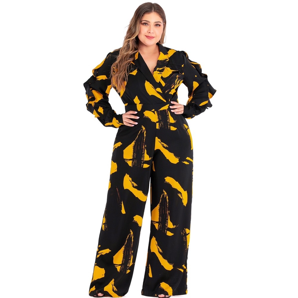 Black Yellow Jumpsuit pockets frills zipper